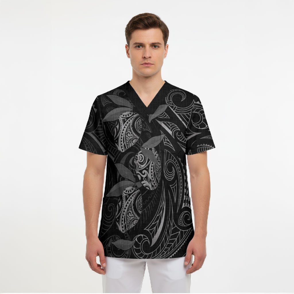 Hawaiian Mango Tribal Tattoo Scrub Top Black White Pacific Traditional Pattern LT9 - Polynesian Pride