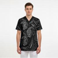 Hawaiian Mango Tribal Tattoo Scrub Top Black White Pacific Traditional Pattern LT9 - Polynesian Pride