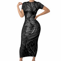 Hawaiian Mango Tribal Tattoo Short Sleeve Bodycon Dress Black White Pacific Traditional Pattern LT9 Long Dress Black - Polynesian Pride