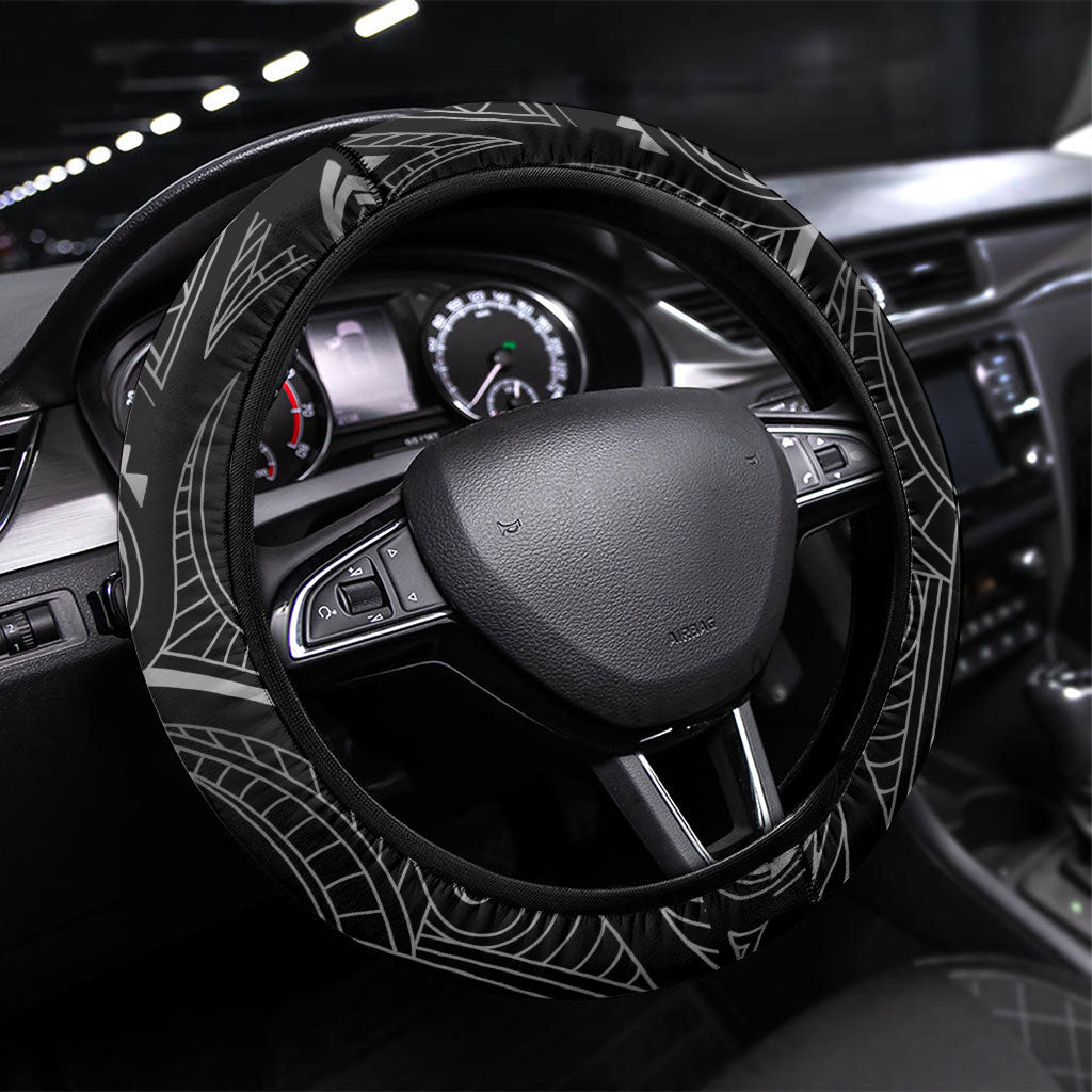 Hawaiian Mango Tribal Tattoo Steering Wheel Cover Black White Pacific Traditional Pattern LT9 Universal Fit Black - Polynesian Pride