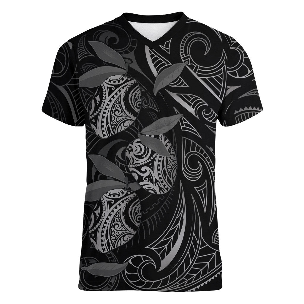 Hawaiian Mango Tribal Tattoo Women V-Neck T-Shirt Black White Pacific Traditional Pattern LT9 Female Black - Polynesian Pride