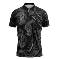 Hawaiian Mango Tribal Tattoo Zipper Polo Shirt Black White Pacific Traditional Pattern LT9 Black - Polynesian Pride