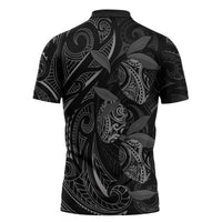 Hawaiian Mango Tribal Tattoo Zipper Polo Shirt Black White Pacific Traditional Pattern LT9 - Polynesian Pride