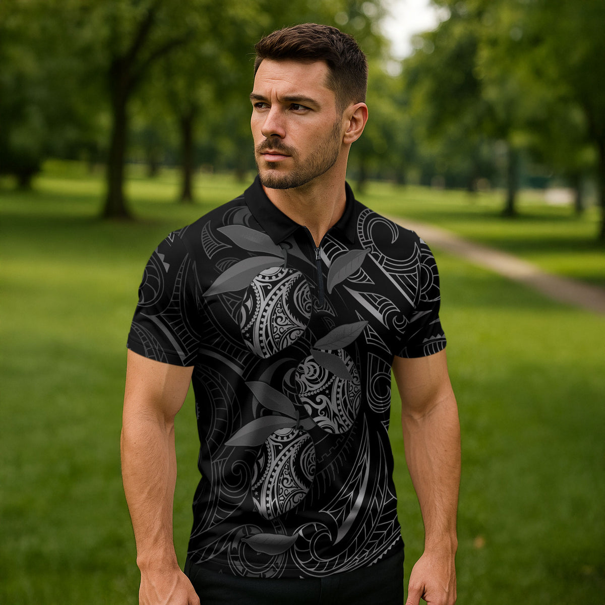 Hawaiian Mango Tribal Tattoo Zipper Polo Shirt Black White Pacific Traditional Pattern LT9 - Polynesian Pride