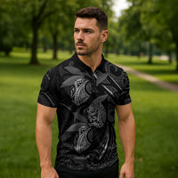 Hawaiian Mango Tribal Tattoo Zipper Polo Shirt Black White Pacific Traditional Pattern LT9 - Polynesian Pride