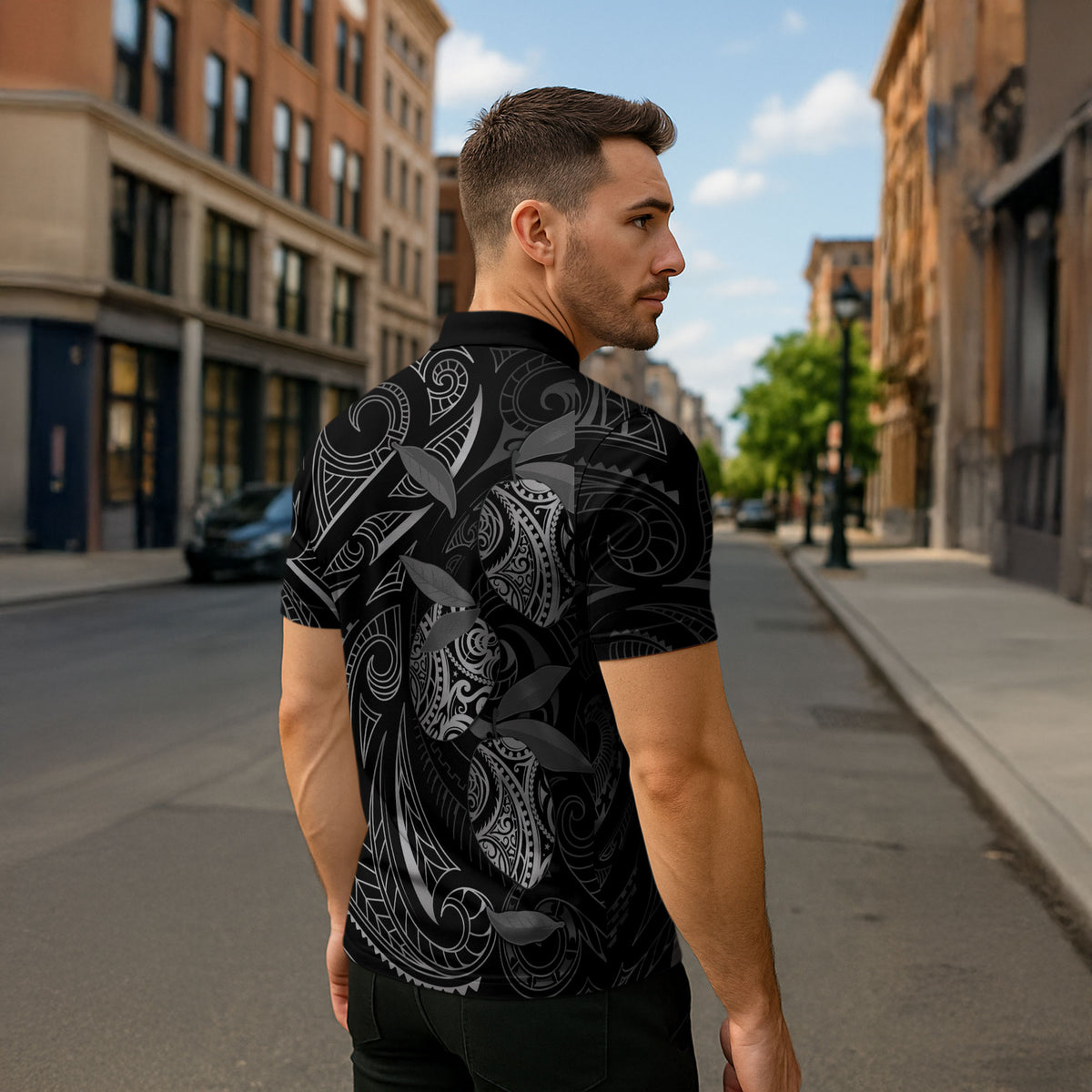 Hawaiian Mango Tribal Tattoo Zipper Polo Shirt Black White Pacific Traditional Pattern LT9 - Polynesian Pride