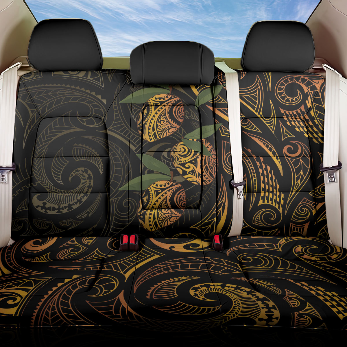 Hawaiian Mango Tribal Tattoo Back Car Seat Cover Gold Pacific Traditional Pattern LT9 One Size Gold - Polynesian Pride