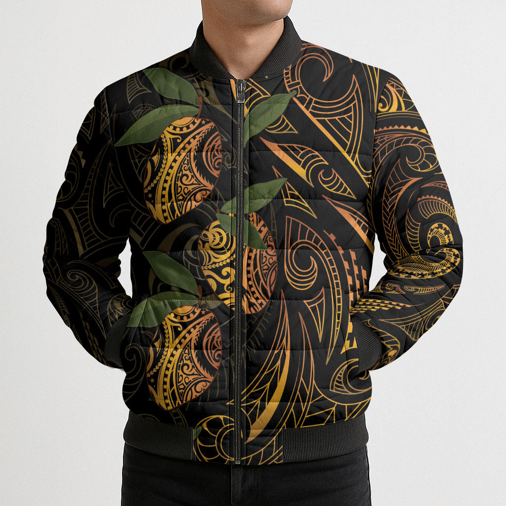 Hawaiian Mango Tribal Tattoo Bomber Puffer Jacket Gold Pacific Traditional Pattern LT9 - Polynesian Pride