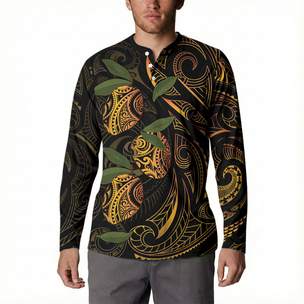 Hawaiian Mango Tribal Tattoo Button Sweatshirt Gold Pacific Traditional Pattern LT9 - Polynesian Pride