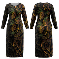 Hawaiian Mango Tribal Tattoo Couples Matching Long Sleeve Bodycon Dress and Hawaiian Shirt Gold Pacific Traditional Pattern LT9 - Polynesian Pride