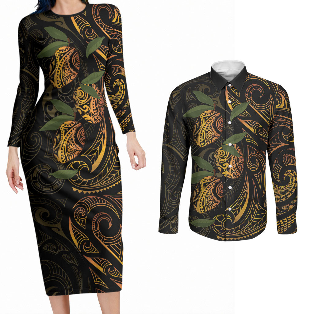 Hawaiian Mango Tribal Tattoo Couples Matching Long Sleeve Bodycon Dress and Long Sleeve Button Shirt Gold Pacific Traditional Pattern LT9 Gold - Polynesian Pride