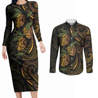 Hawaiian Mango Tribal Tattoo Couples Matching Long Sleeve Bodycon Dress and Long Sleeve Button Shirt Gold Pacific Traditional Pattern LT9 Gold - Polynesian Pride