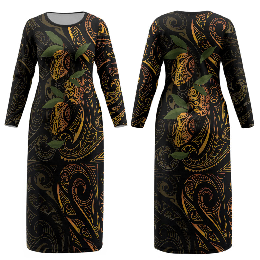 Hawaiian Mango Tribal Tattoo Couples Matching Long Sleeve Bodycon Dress and Long Sleeve Button Shirt Gold Pacific Traditional Pattern LT9 - Polynesian Pride