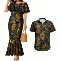 Hawaiian Mango Tribal Tattoo Couples Matching Mermaid Dress and Hawaiian Shirt Gold Pacific Traditional Pattern LT9 Gold - Polynesian Pride