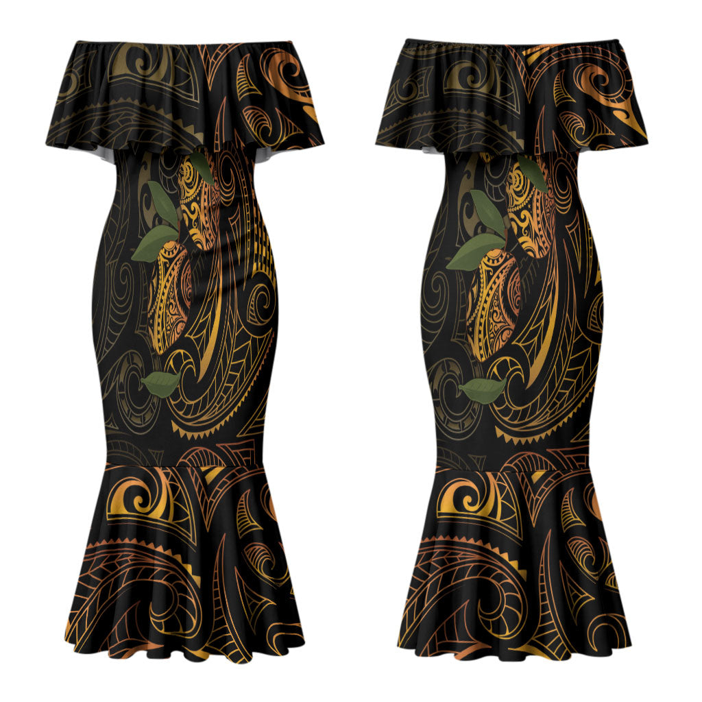 Hawaiian Mango Tribal Tattoo Couples Matching Mermaid Dress and Hawaiian Shirt Gold Pacific Traditional Pattern LT9 - Polynesian Pride