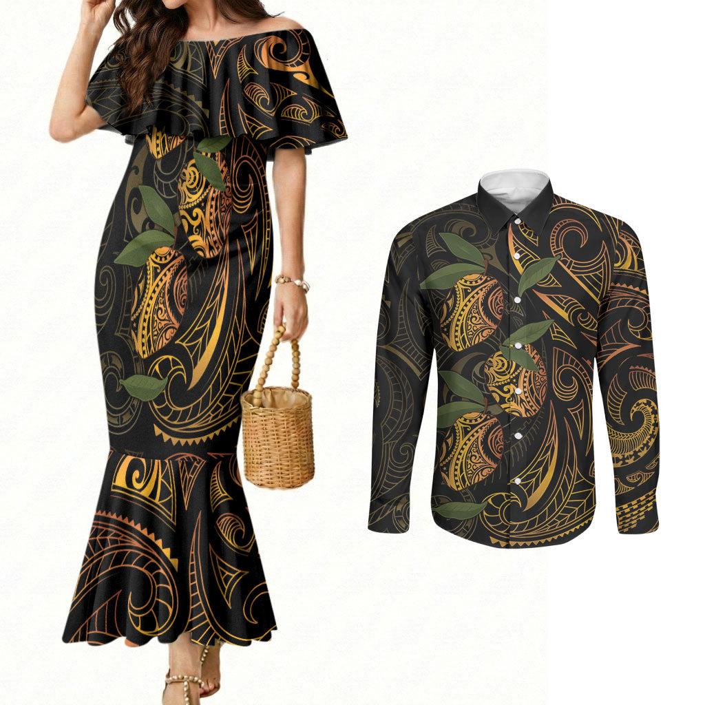 Hawaiian Mango Tribal Tattoo Couples Matching Mermaid Dress and Long Sleeve Button Shirt Gold Pacific Traditional Pattern LT9 Gold - Polynesian Pride