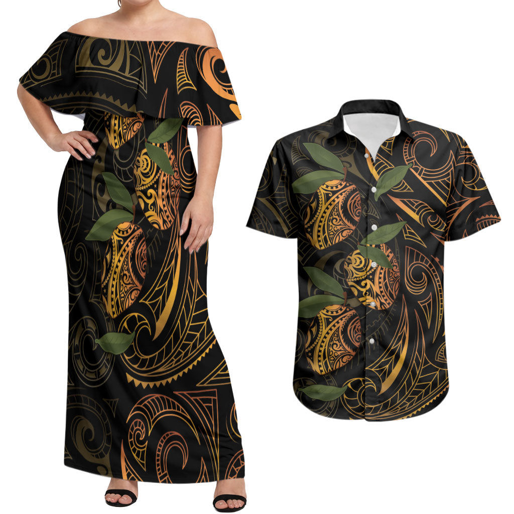 Hawaiian Mango Tribal Tattoo Couples Matching Off Shoulder Maxi Dress and Hawaiian Shirt Gold Pacific Traditional Pattern LT9 Gold - Polynesian Pride