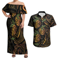 Hawaiian Mango Tribal Tattoo Couples Matching Off Shoulder Maxi Dress and Hawaiian Shirt Gold Pacific Traditional Pattern LT9 Gold - Polynesian Pride