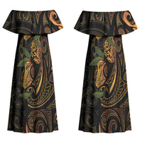 Hawaiian Mango Tribal Tattoo Couples Matching Off Shoulder Maxi Dress and Hawaiian Shirt Gold Pacific Traditional Pattern LT9 - Polynesian Pride