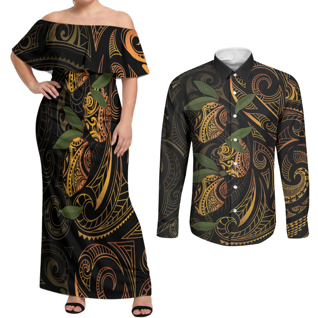 Hawaiian Mango Tribal Tattoo Couples Matching Off Shoulder Maxi Dress and Long Sleeve Button Shirt Gold Pacific Traditional Pattern LT9 Gold - Polynesian Pride