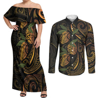 Hawaiian Mango Tribal Tattoo Couples Matching Off Shoulder Maxi Dress and Long Sleeve Button Shirt Gold Pacific Traditional Pattern LT9 Gold - Polynesian Pride