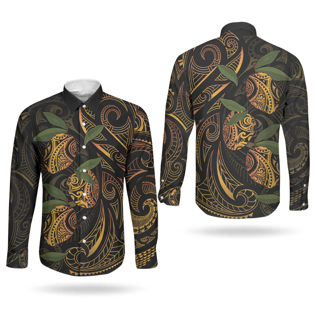 Hawaiian Mango Tribal Tattoo Couples Matching Off Shoulder Maxi Dress and Long Sleeve Button Shirt Gold Pacific Traditional Pattern LT9 - Polynesian Pride