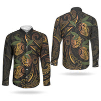 Hawaiian Mango Tribal Tattoo Couples Matching Off Shoulder Maxi Dress and Long Sleeve Button Shirt Gold Pacific Traditional Pattern LT9 - Polynesian Pride