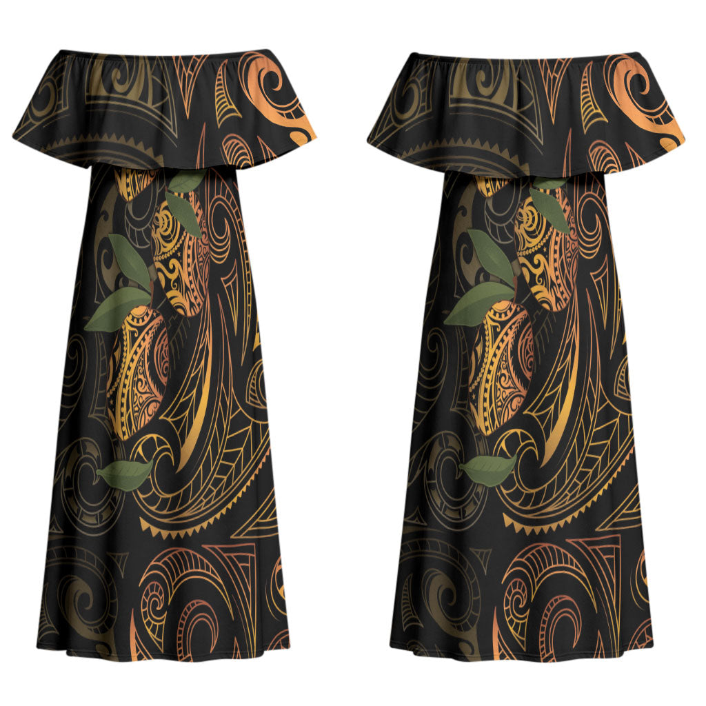 Hawaiian Mango Tribal Tattoo Couples Matching Off Shoulder Maxi Dress and Long Sleeve Button Shirt Gold Pacific Traditional Pattern LT9 - Polynesian Pride
