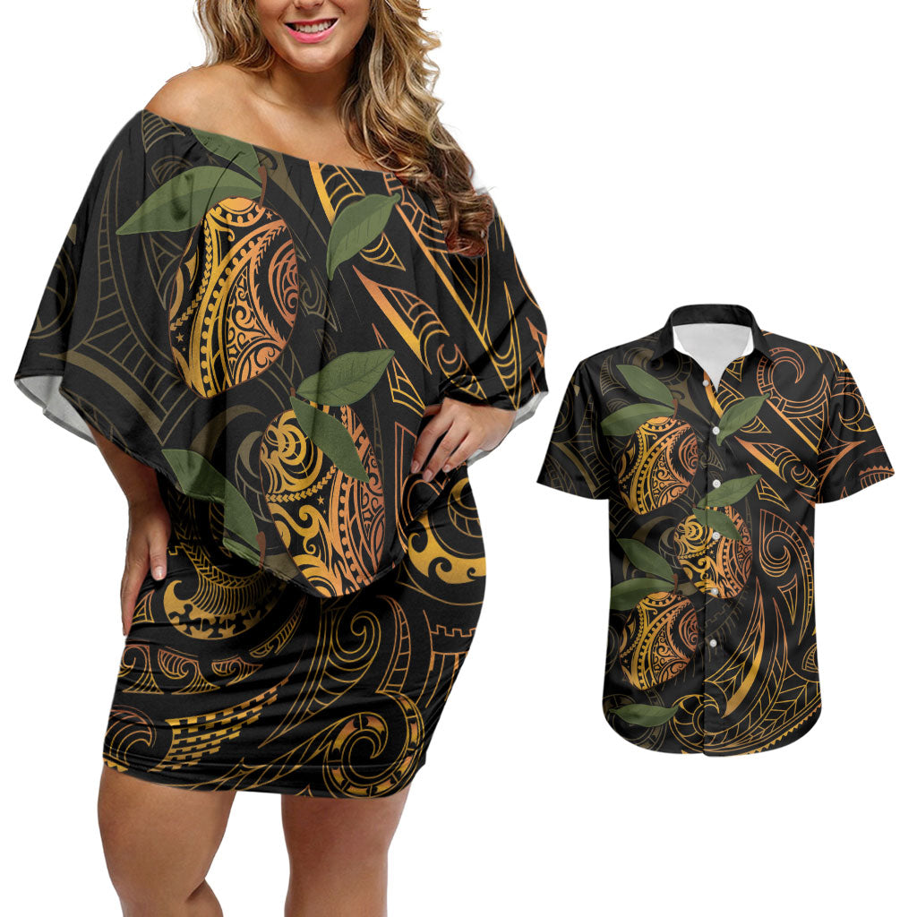 Hawaiian Mango Tribal Tattoo Couples Matching Off Shoulder Short Dress and Hawaiian Shirt Gold Pacific Traditional Pattern LT9 Gold - Polynesian Pride