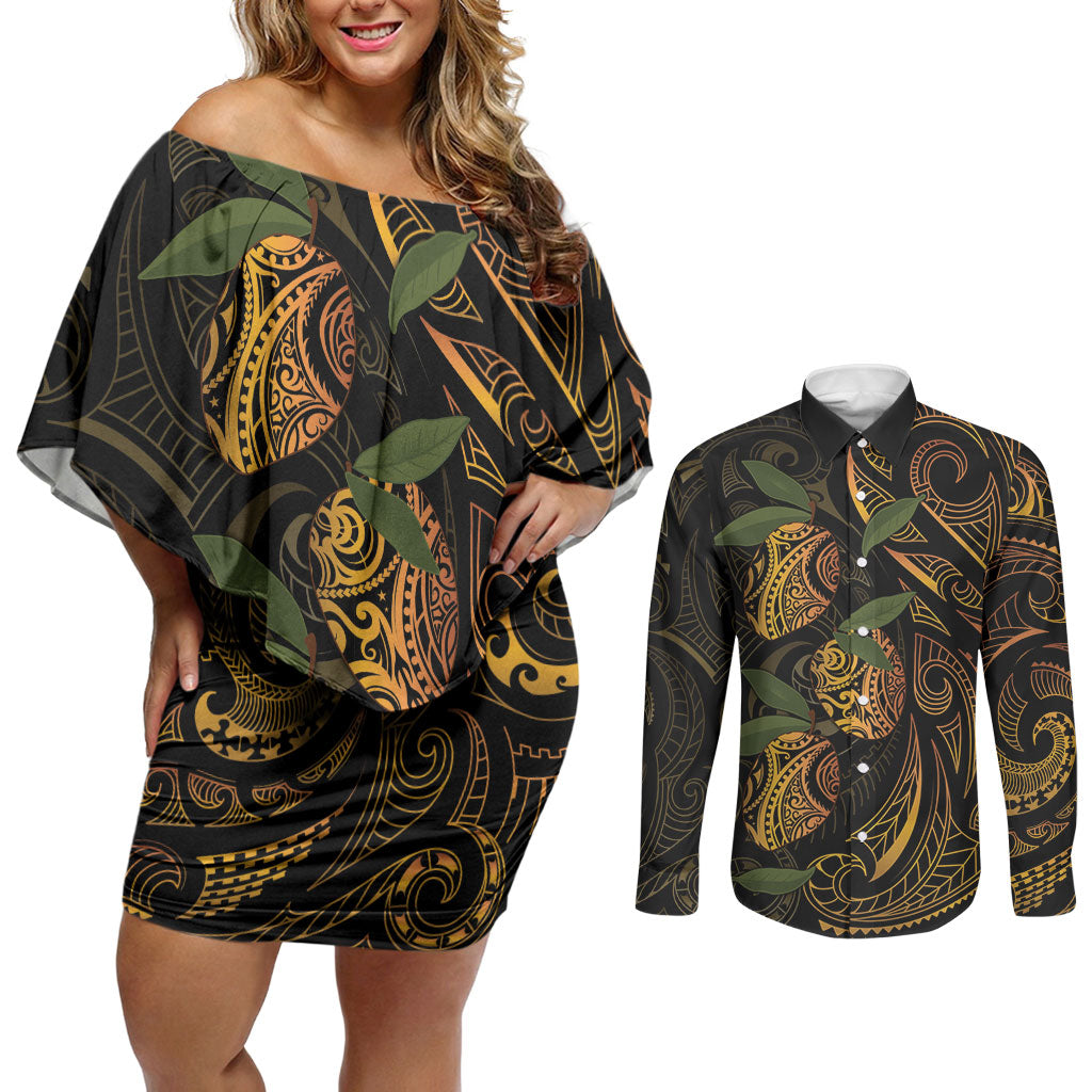 Hawaiian Mango Tribal Tattoo Couples Matching Off Shoulder Short Dress and Long Sleeve Button Shirt Gold Pacific Traditional Pattern LT9 Gold - Polynesian Pride