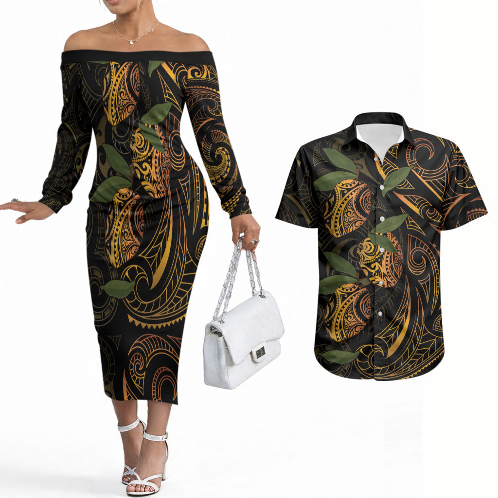 Hawaiian Mango Tribal Tattoo Couples Matching Off The Shoulder Long Sleeve Dress and Hawaiian Shirt Gold Pacific Traditional Pattern LT9 Gold - Polynesian Pride