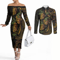 Hawaiian Mango Tribal Tattoo Couples Matching Off The Shoulder Long Sleeve Dress and Long Sleeve Button Shirt Gold Pacific Traditional Pattern LT9 Gold - Polynesian Pride