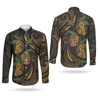 Hawaiian Mango Tribal Tattoo Couples Matching Off The Shoulder Long Sleeve Dress and Long Sleeve Button Shirt Gold Pacific Traditional Pattern LT9 - Polynesian Pride