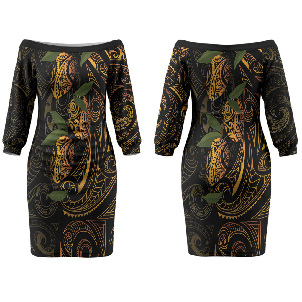 Hawaiian Mango Tribal Tattoo Couples Matching Off The Shoulder Long Sleeve Dress and Long Sleeve Button Shirt Gold Pacific Traditional Pattern LT9 - Polynesian Pride