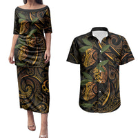 Hawaiian Mango Tribal Tattoo Couples Matching Puletasi and Hawaiian Shirt Gold Pacific Traditional Pattern LT9 Gold - Polynesian Pride