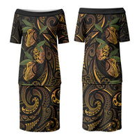 Hawaiian Mango Tribal Tattoo Couples Matching Puletasi and Hawaiian Shirt Gold Pacific Traditional Pattern LT9 - Polynesian Pride