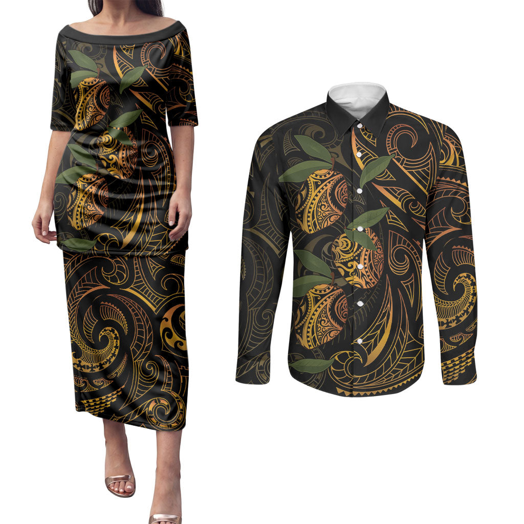 Hawaiian Mango Tribal Tattoo Couples Matching Puletasi and Long Sleeve Button Shirt Gold Pacific Traditional Pattern LT9 Gold - Polynesian Pride