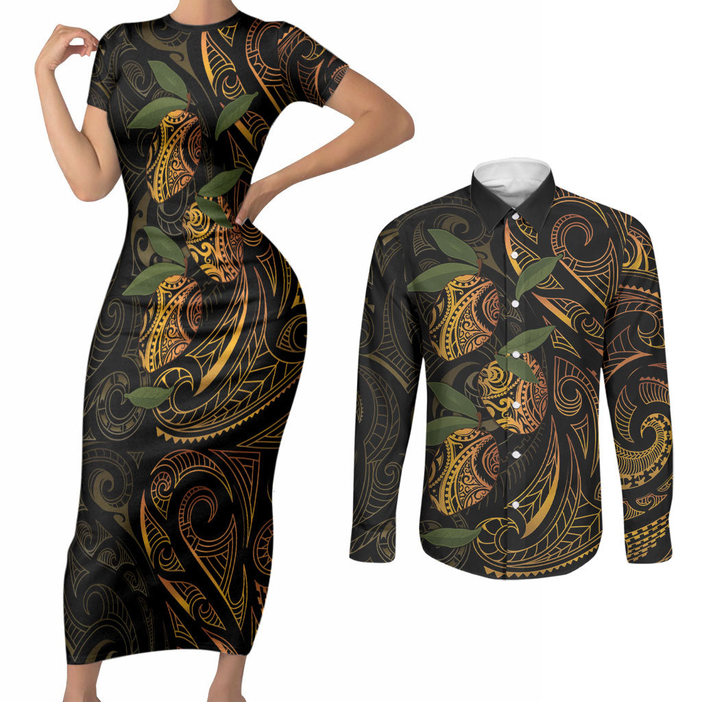 Hawaiian Mango Tribal Tattoo Couples Matching Short Sleeve Bodycon Dress and Long Sleeve Button Shirt Gold Pacific Traditional Pattern LT9 Gold - Polynesian Pride
