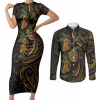 Hawaiian Mango Tribal Tattoo Couples Matching Short Sleeve Bodycon Dress and Long Sleeve Button Shirt Gold Pacific Traditional Pattern LT9 Gold - Polynesian Pride