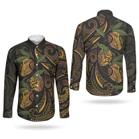 Hawaiian Mango Tribal Tattoo Couples Matching Short Sleeve Bodycon Dress and Long Sleeve Button Shirt Gold Pacific Traditional Pattern LT9 - Polynesian Pride