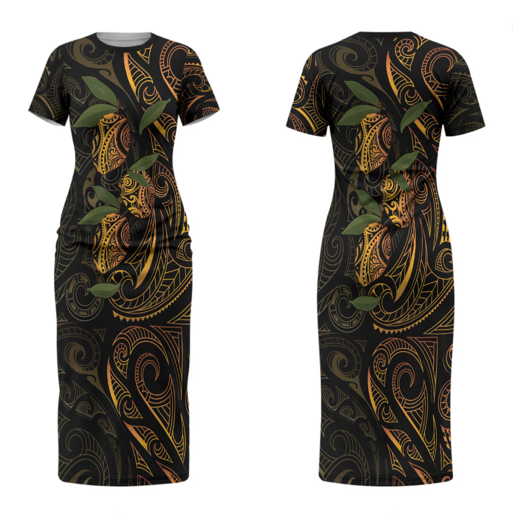 Hawaiian Mango Tribal Tattoo Couples Matching Short Sleeve Bodycon Dress and Long Sleeve Button Shirt Gold Pacific Traditional Pattern LT9 - Polynesian Pride
