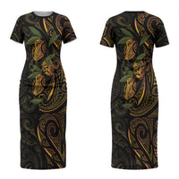 Hawaiian Mango Tribal Tattoo Couples Matching Short Sleeve Bodycon Dress and Long Sleeve Button Shirt Gold Pacific Traditional Pattern LT9 - Polynesian Pride