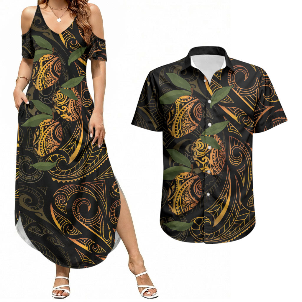 Hawaiian Mango Tribal Tattoo Couples Matching Summer Maxi Dress and Hawaiian Shirt Gold Pacific Traditional Pattern LT9 Gold - Polynesian Pride