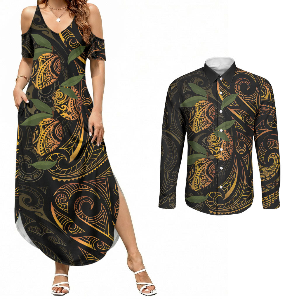 Hawaiian Mango Tribal Tattoo Couples Matching Summer Maxi Dress and Long Sleeve Button Shirt Gold Pacific Traditional Pattern LT9 Gold - Polynesian Pride