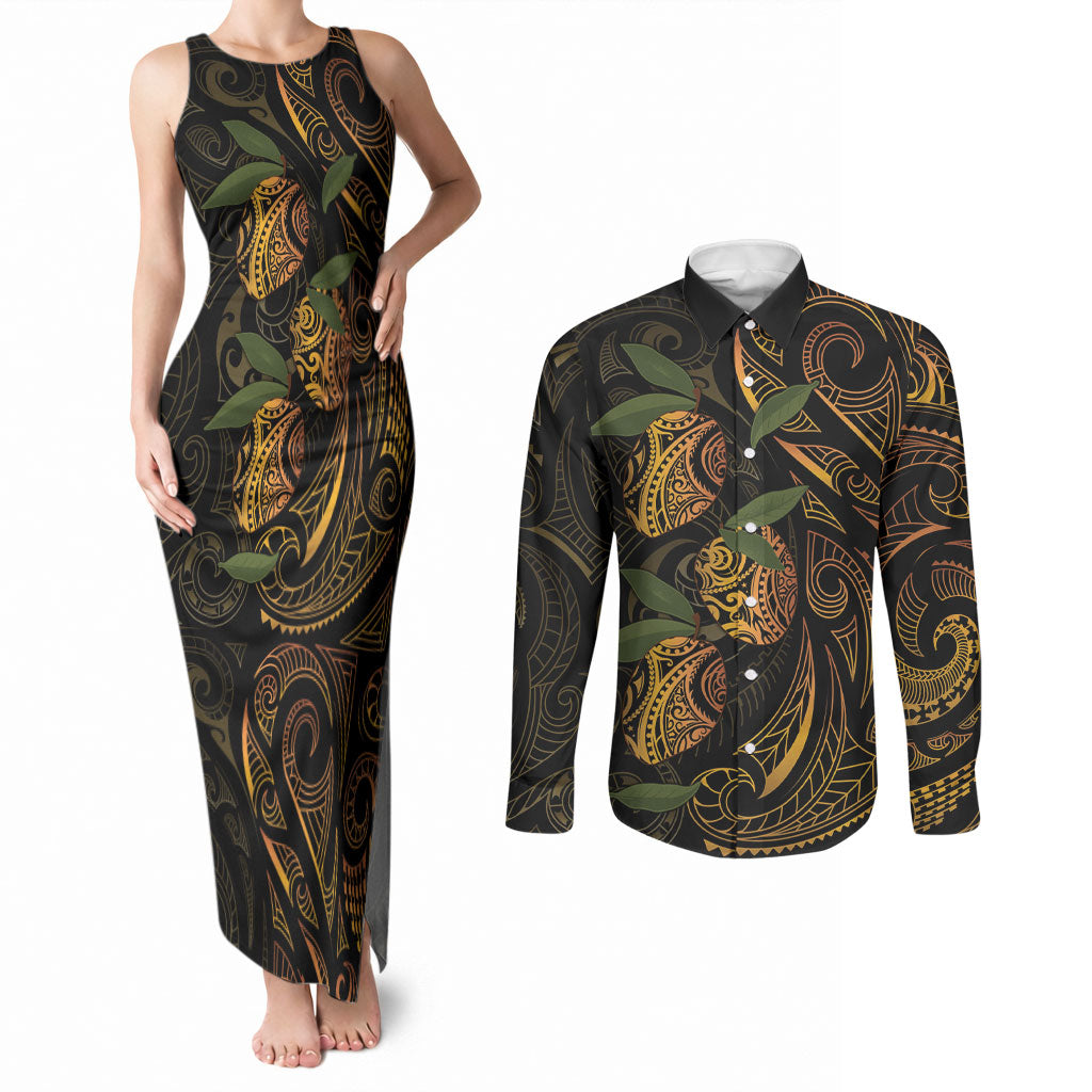 Hawaiian Mango Tribal Tattoo Couples Matching Tank Maxi Dress and Long Sleeve Button Shirt Gold Pacific Traditional Pattern LT9 Gold - Polynesian Pride