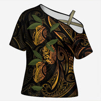 Hawaiian Mango Tribal Tattoo Cross Shoulder Shirt Gold Pacific Traditional Pattern LT9 Female Gold - Polynesian Pride