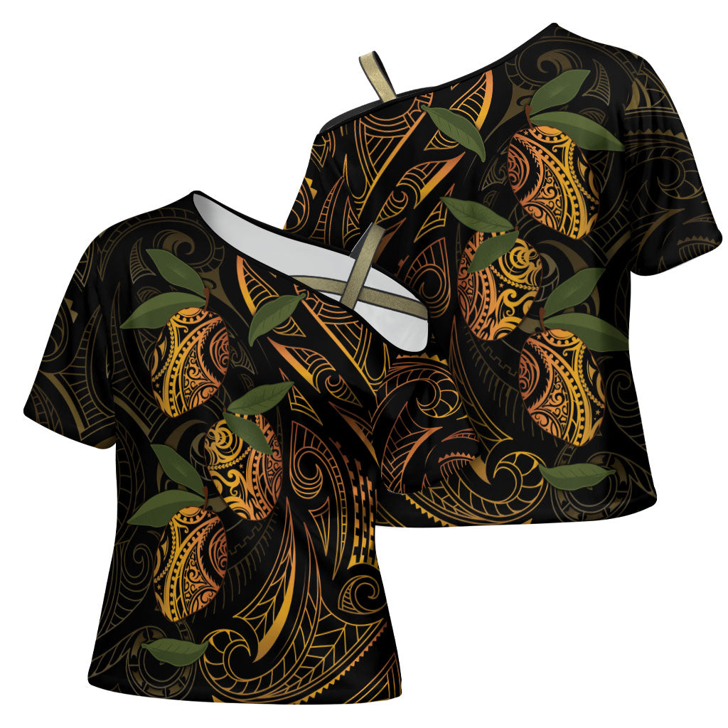 Hawaiian Mango Tribal Tattoo Cross Shoulder Shirt Gold Pacific Traditional Pattern LT9 - Polynesian Pride