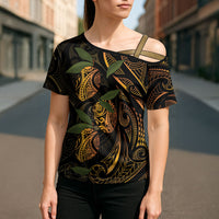 Hawaiian Mango Tribal Tattoo Cross Shoulder Shirt Gold Pacific Traditional Pattern LT9 - Polynesian Pride