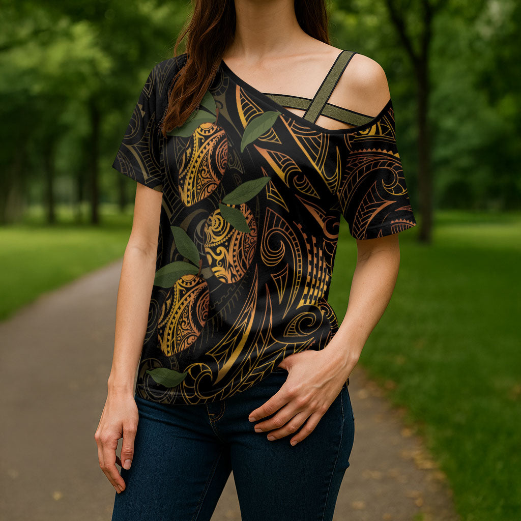 Hawaiian Mango Tribal Tattoo Cross Shoulder Shirt Gold Pacific Traditional Pattern LT9 - Polynesian Pride