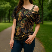 Hawaiian Mango Tribal Tattoo Cross Shoulder Shirt Gold Pacific Traditional Pattern LT9 - Polynesian Pride